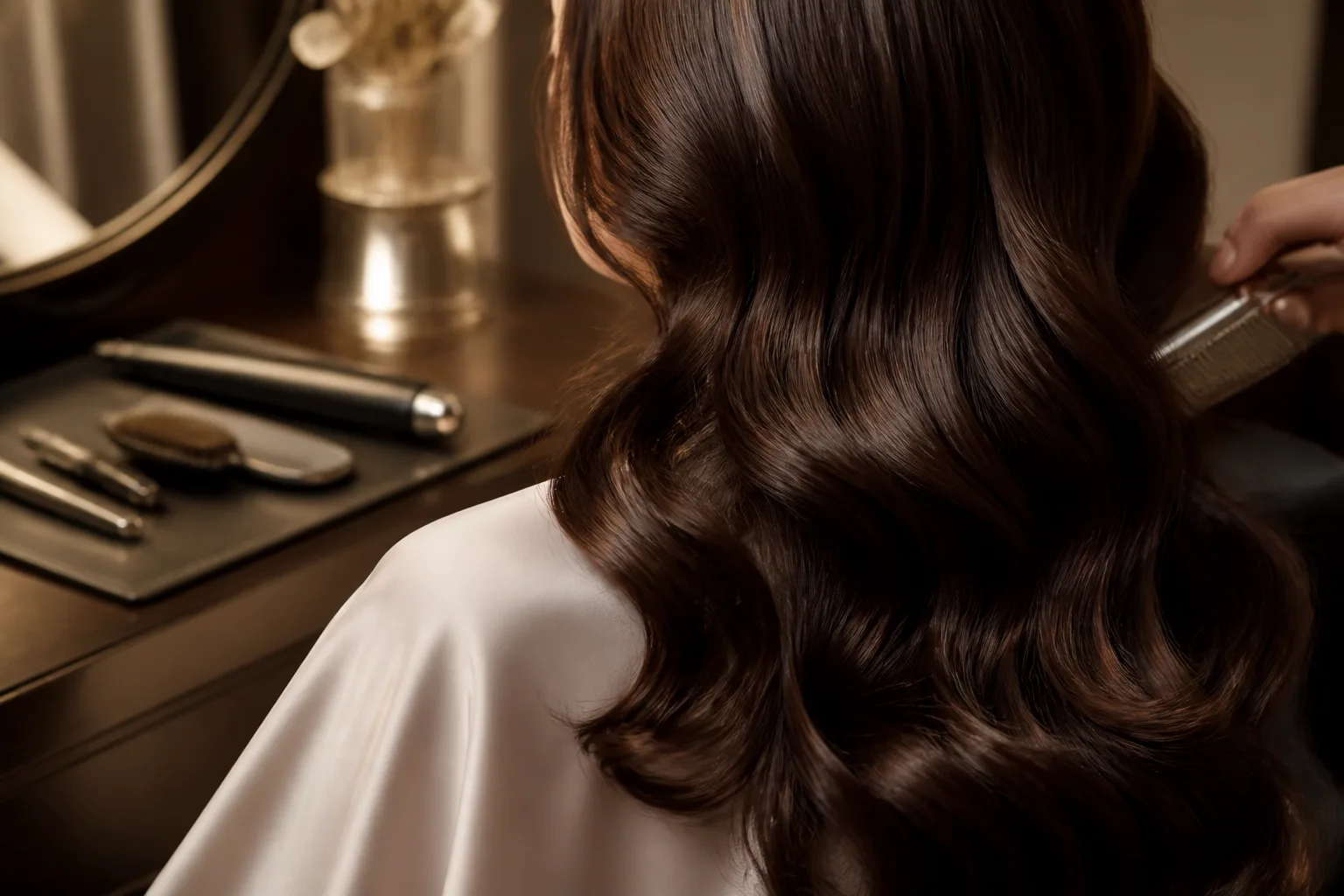 Glossy styled hair in a warm salon setting