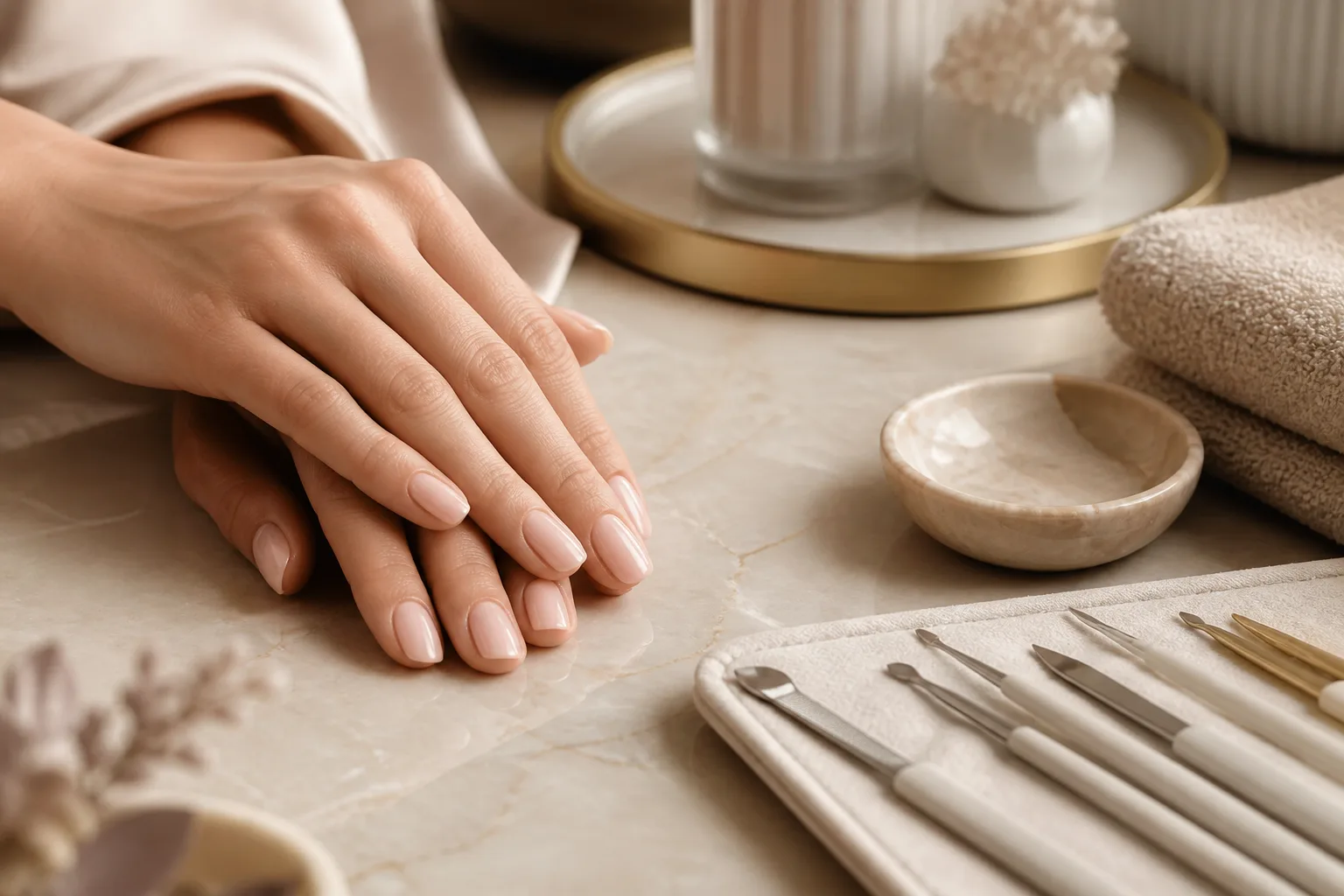 Premium manicure setup with polished neutral nails